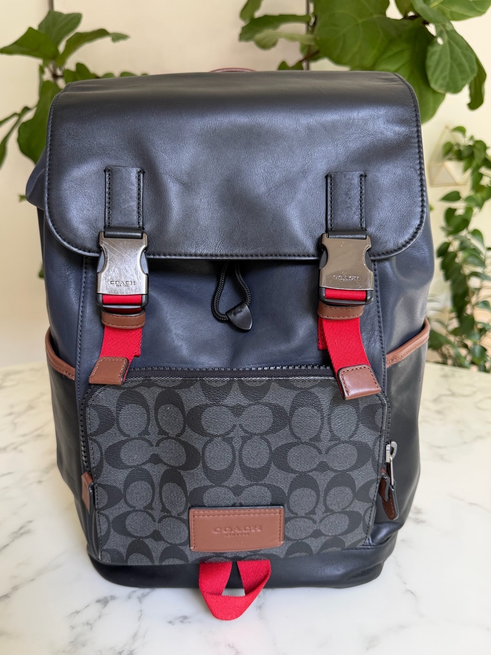 Coach Track Backpack In Colorblock Signature Canvas Charcoal Midnight Red C4139